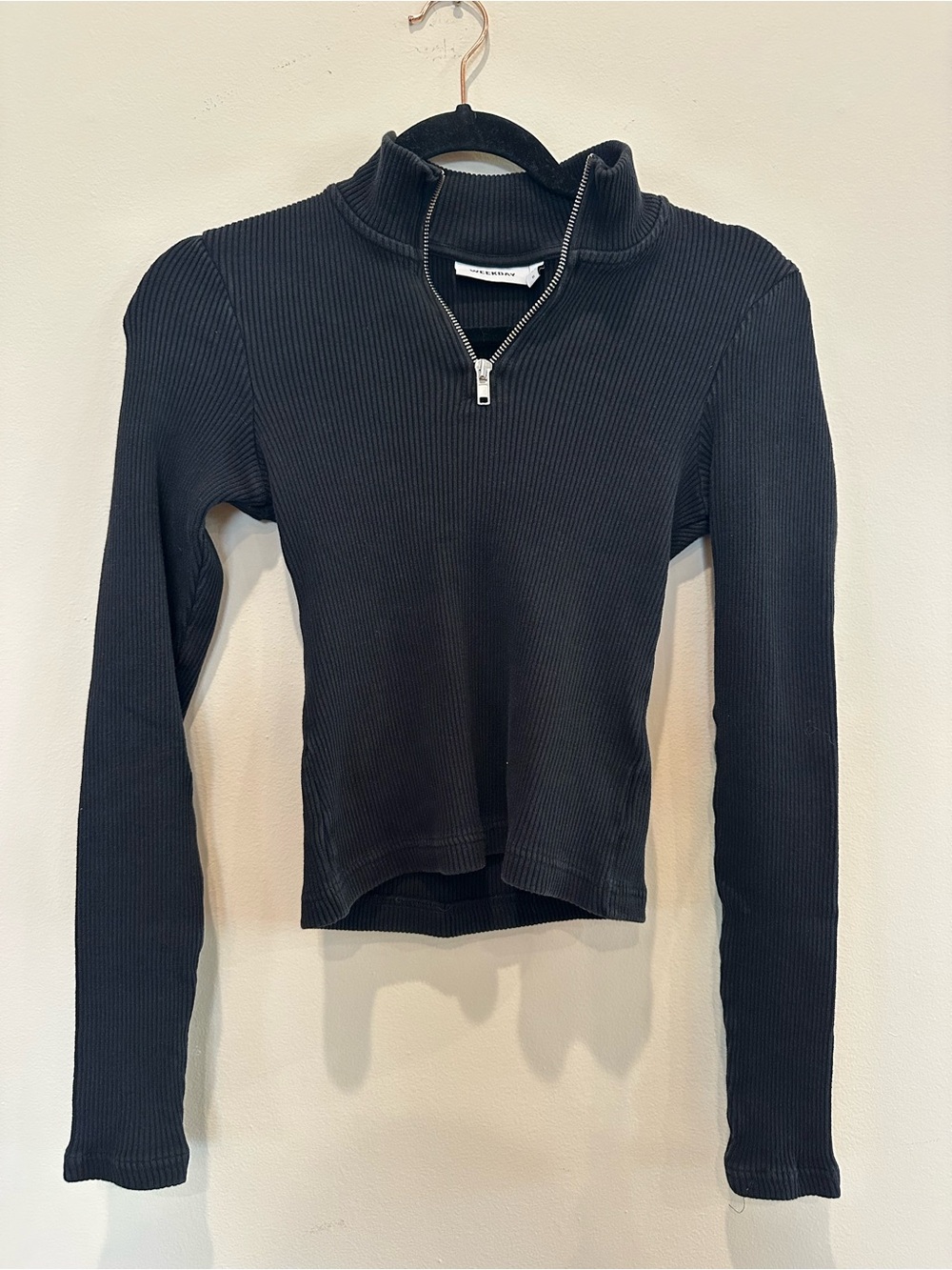 Weekday Black Ribbed Half-Zip Long Sleeve Top